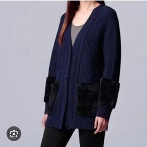 Simply Vera Wang Dark Blue Fur Trim Oversized Knit Cardigan